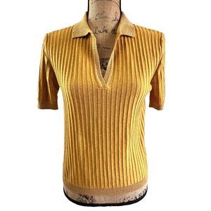 Ottod'Ame Dark Yellow Short Sleeve Collared Ribbed Cotton Blend Sweater Sz 8/44